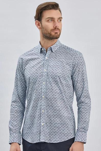 Koyu Lacivert Uzun Kollu Baskılı Biritli Yaka Cepsiz Pamuklu Klasik Slim Fit Gömlek 1004240213 - 3