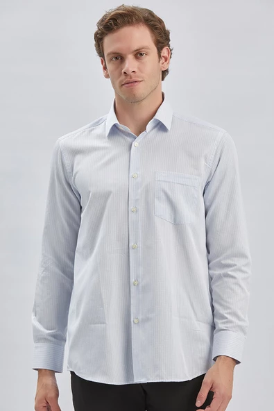 Koyu Mavi Uzun Kollu Ekoseli Cepli Pamuklu Klasik Comfort Fit Rahat Kesim Gömlek 1004240226 - 3