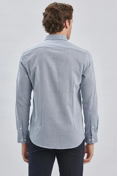 Koyu Mavi Uzun Kol Kendinden Desenli Armürlü Yarım İtalyan Yaka Classic Slim Fit Gömlek 1004240250 - Resim 6