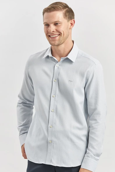Gri Uzun Kol Kendinden Desenli Armürlü 032 Sert Yaka Casual Slim Fit Gömlek 1004240249