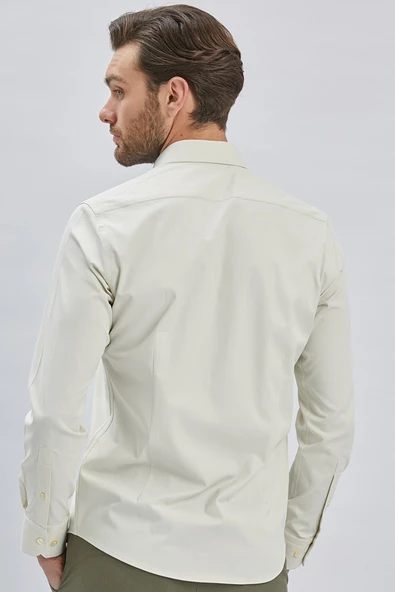 Koyu Krem Uzun Kollu Sert Yaka Cepsiz Pamuklu Likralı Klasik Slim Fit Dar Kesim Gömlek 1004240234 - Resim 5