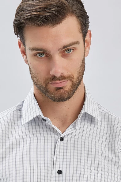 Beyaz Uzun Kollu Ekoseli Sert Yaka Cepli Pamuklu Klasik Comfort Fit Rahat Kesim Gömlek 1004240223 - Resim 6