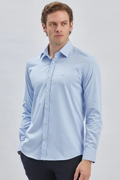 Mavi Uzun Kollu Sert Yaka Cepsiz Pamuklu Likralı Klasik Slim Fit Dar Kesim Gömlek 1004240234