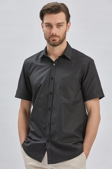 Siyah Kısa Kollu Desenli Sert Yaka Cepli Pamuklu Klasik Comfort Fit Rahat Kesim Gömlek 1004240231 - Resim 3