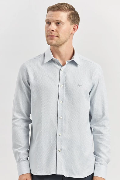 Gri Uzun Kol Kendinden Desenli Armürlü 032 Sert Yaka Casual Slim Fit Gömlek 1004240249 - Resim 2