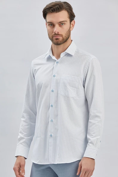 Beyaz Uzun Kollu Ekoseli Sert Yaka Cepli Pamuklu Klasik Comfort Fit Rahat Kesim Gömlek 1004240223 - 4