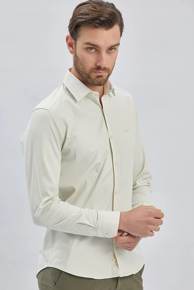 Koyu Krem Uzun Kollu Sert Yaka Cepsiz Pamuklu Likralı Klasik Slim Fit Dar Kesim Gömlek 1004240234 - Resim 4