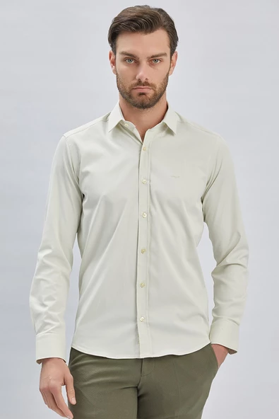 Koyu Krem Uzun Kollu Sert Yaka Cepsiz Pamuklu Likralı Klasik Slim Fit Dar Kesim Gömlek 1004240234 ürün görseli