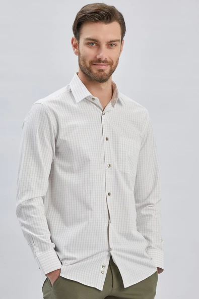 Beyaz Uzun Kollu Ekoseli Sert Yaka Cepli Pamuklu Klasik Comfort Fit Rahat Kesim Gömlek 1004240223 - Resim 2