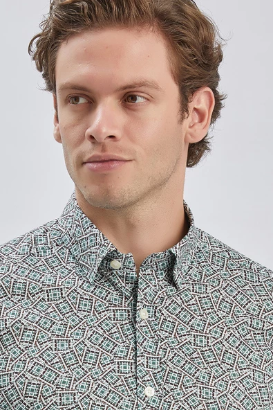 Koyu Yeşil Uzun Kollu Baskılı Biritli Yaka Cepsiz Pamuklu Klasik Slim Fit Gömlek 1004240215 - Resim 6