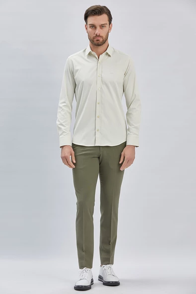 Koyu Krem Uzun Kollu Sert Yaka Cepsiz Pamuklu Likralı Klasik Slim Fit Dar Kesim Gömlek 1004240234 - Resim 2