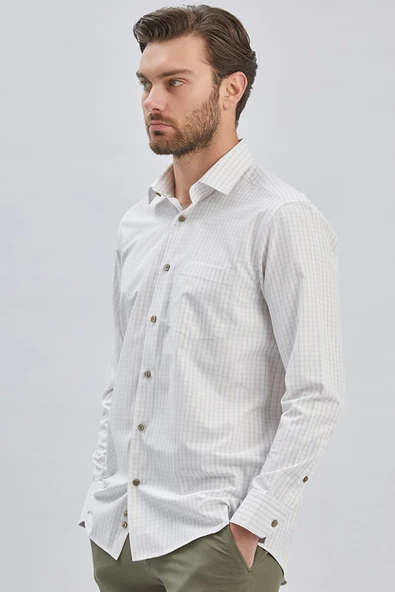 Beyaz Uzun Kollu Ekoseli Sert Yaka Cepli Pamuklu Klasik Comfort Fit Rahat Kesim Gömlek 1004240223 - Resim 4