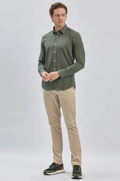 Koyu Haki Uzun Kollu Biritli Yaka Biyeli Pamuklu Likralı Casual Slim Fit Gömlek 1004240232