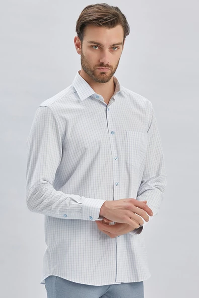 Beyaz Uzun Kollu Ekoseli Sert Yaka Cepli Pamuklu Klasik Comfort Fit Rahat Kesim Gömlek 1004240223 - 2