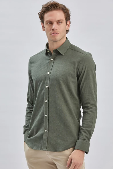 Koyu Haki Uzun Kollu Biritli Yaka Biyeli Pamuklu Likralı Casual Slim Fit Gömlek 1004240232 - 3