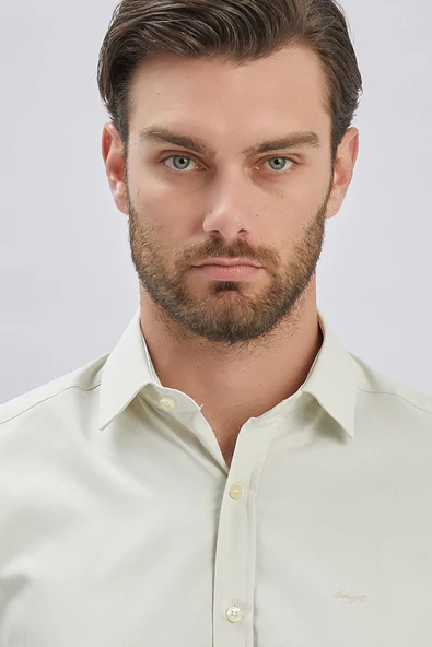 Koyu Krem Uzun Kollu Sert Yaka Cepsiz Pamuklu Likralı Klasik Slim Fit Dar Kesim Gömlek 1004240234 - Resim 6