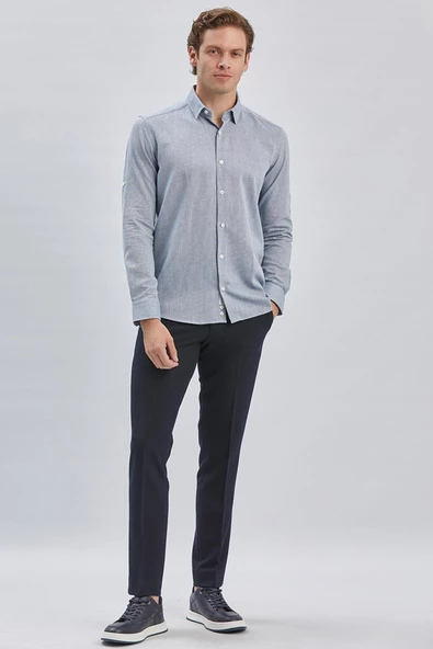 Koyu Mavi Uzun Kol Kendinden Desenli Armürlü Yarım İtalyan Yaka Classic Slim Fit Gömlek 1004240250 - Resim 5