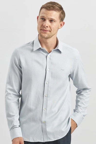 Gri Uzun Kol Kendinden Desenli Armürlü 032 Sert Yaka Casual Slim Fit Gömlek 1004240249 - Resim 4