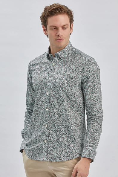 Koyu Yeşil Uzun Kollu Baskılı Biritli Yaka Cepsiz Pamuklu Klasik Slim Fit Gömlek 1004240215 - Resim 3