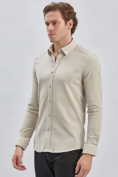 Bej Uzun Kollu Biritli Yaka Biyeli Pamuklu Likralı Casual Slim Fit Dar Kesim Gömlek 1004240232 - Resim 2