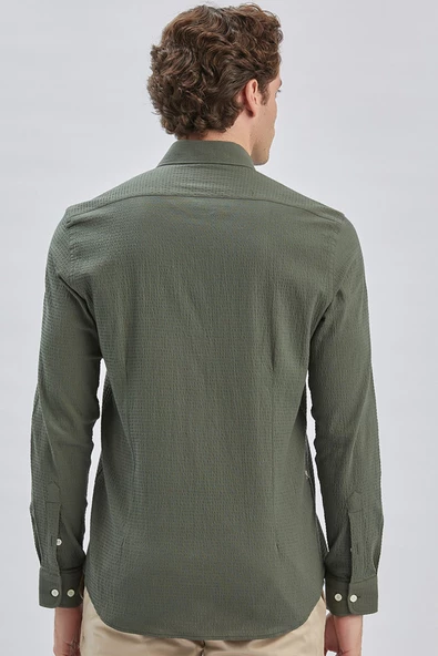 Koyu Haki Uzun Kollu Biritli Yaka Biyeli Pamuklu Likralı Casual Slim Fit Gömlek 1004240232 - 5