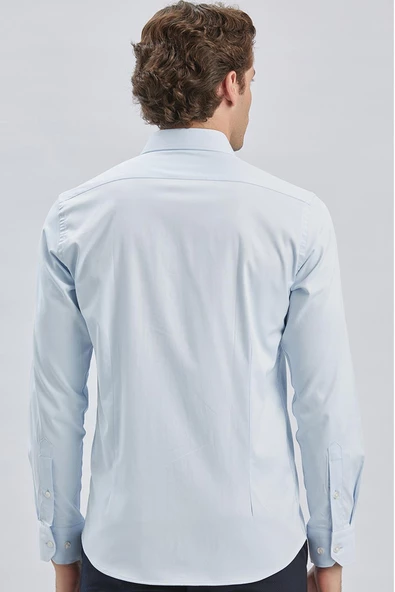Koyu Mavi Uzun Kollu Sert Yaka Cepsiz Pamuklu Likralı Klasik Slim Fit Dar Kesim Gömlek 1004240234 - Resim 7