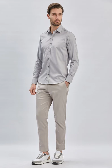 Gri Uzun Kollu Sert Yaka Cepsiz Pamuklu Likralı Klasik Slim Fit Dar Kesim Gömlek 1004240234