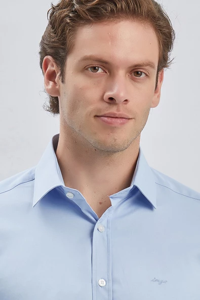 Mavi Uzun Kollu Sert Yaka Cepsiz Pamuklu Likralı Klasik Slim Fit Dar Kesim Gömlek 1004240234 - Resim 6