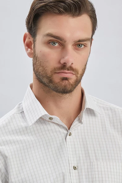 Beyaz Uzun Kollu Ekoseli Sert Yaka Cepli Pamuklu Klasik Comfort Fit Rahat Kesim Gömlek 1004240223 - Resim 6