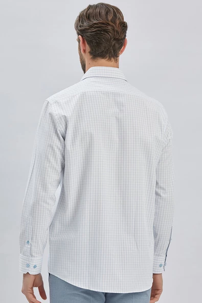 Beyaz Uzun Kollu Ekoseli Sert Yaka Cepli Pamuklu Klasik Comfort Fit Rahat Kesim Gömlek 1004240223 - 5