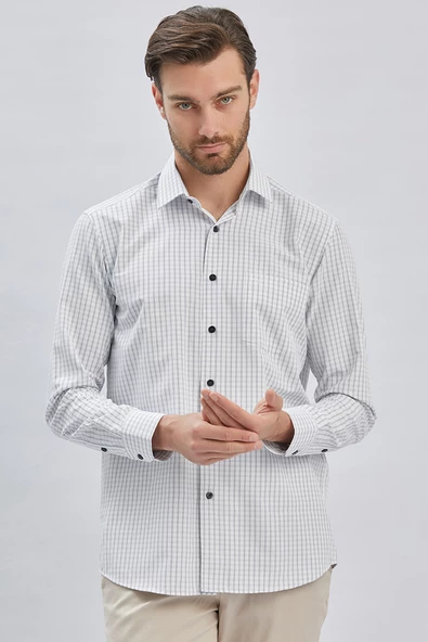 Beyaz Uzun Kollu Ekoseli Sert Yaka Cepli Pamuklu Klasik Comfort Fit Rahat Kesim Gömlek 1004240223 - Resim 3