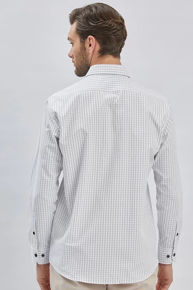 Beyaz Uzun Kollu Ekoseli Sert Yaka Cepli Pamuklu Klasik Comfort Fit Rahat Kesim Gömlek 1004240223 - Resim 5