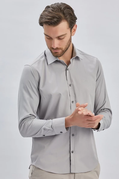 Gri Uzun Kollu Sert Yaka Cepsiz Pamuklu Likralı Klasik Slim Fit Dar Kesim Gömlek 1004240234 - 3