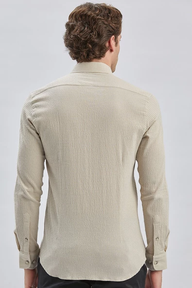 Bej Uzun Kollu Biritli Yaka Biyeli Pamuklu Likralı Casual Slim Fit Dar Kesim Gömlek 1004240232 - Resim 5