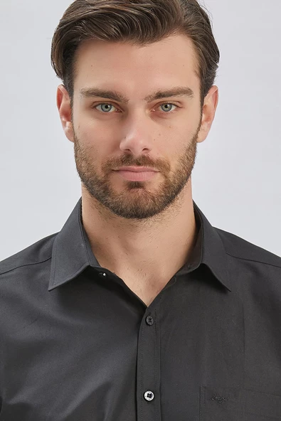 Siyah Kısa Kollu Desenli Sert Yaka Cepli Pamuklu Klasik Comfort Fit Rahat Kesim Gömlek 1004240231 - Resim 6