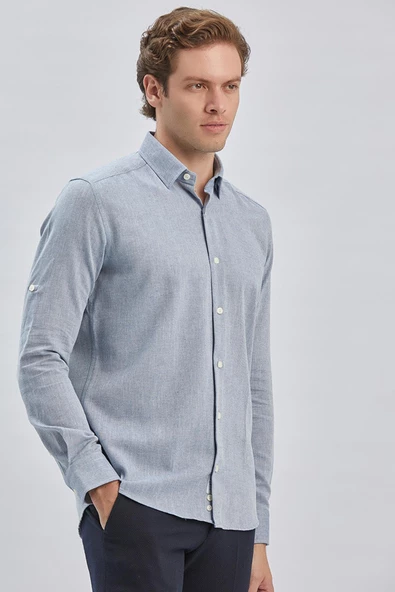 Koyu Mavi Uzun Kol Kendinden Desenli Armürlü Yarım İtalyan Yaka Classic Slim Fit Gömlek 1004240250 - Resim 3