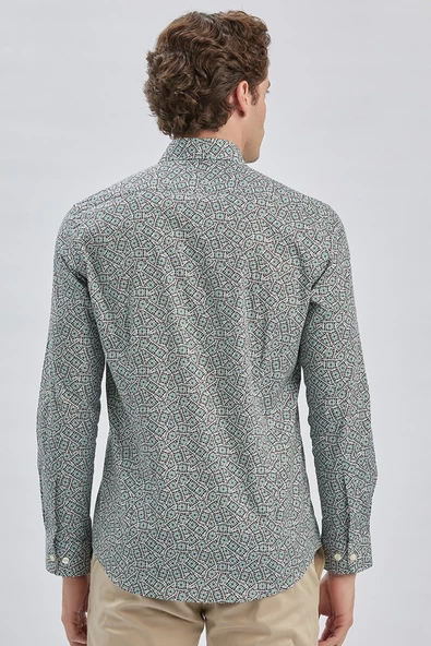 Koyu Yeşil Uzun Kollu Baskılı Biritli Yaka Cepsiz Pamuklu Klasik Slim Fit Gömlek 1004240215 - Resim 5