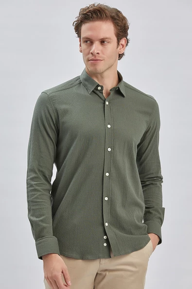 Koyu Haki Uzun Kollu Biritli Yaka Biyeli Pamuklu Likralı Casual Slim Fit Gömlek 1004240232 - 2