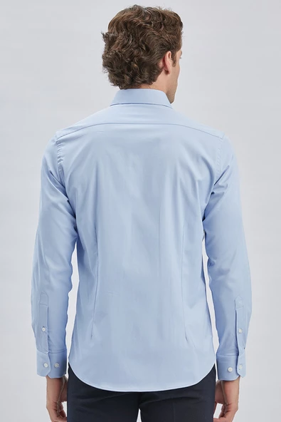 Mavi Uzun Kollu Sert Yaka Cepsiz Pamuklu Likralı Klasik Slim Fit Dar Kesim Gömlek 1004240234 - Resim 5
