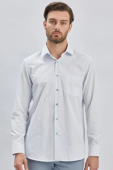 Beyaz Uzun Kollu Ekoseli Sert Yaka Cepli Pamuklu Klasik Comfort Fit Rahat Kesim Gömlek 1004240223 - 3