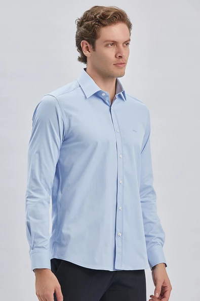 Mavi Uzun Kollu Sert Yaka Cepsiz Pamuklu Likralı Klasik Slim Fit Dar Kesim Gömlek 1004240234 - Resim 4
