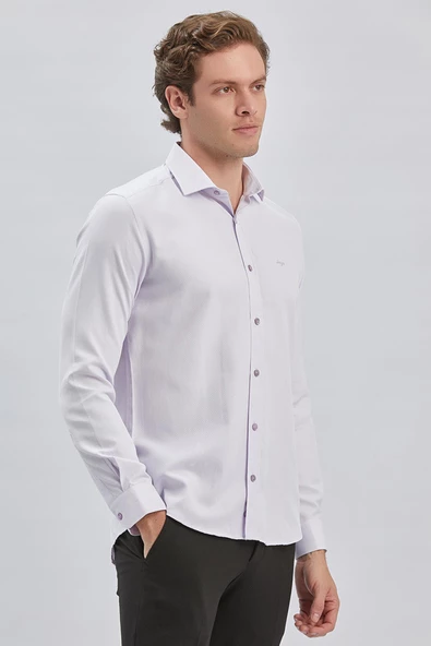 Lila Uzun Kol Kendinden Desenli Armürlü Yarım İtalyan Yaka Classic Slim Fit Gömlek 1004240250 - Resim 2