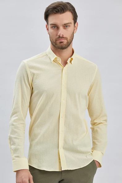 Sarı Uzun Kollu Biritli Yaka Biyeli Pamuklu Likralı Casual Slim Fit Dar Kesim Gömlek 1004240232 - Resim 2