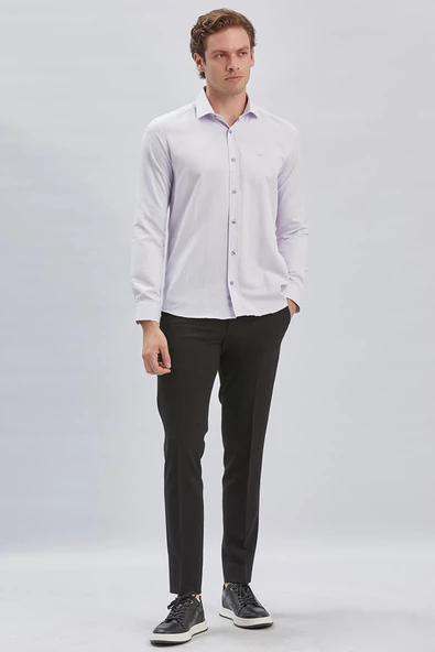 Lila Uzun Kol Kendinden Desenli Armürlü Yarım İtalyan Yaka Classic Slim Fit Gömlek 1004240250 - Resim 4