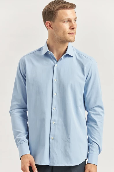 Mavi Uzun Kol Düz Bez Ayağı Yarım İtalyan Yaka Classic Slim Fit Gömlek 1004240268 ürün görseli