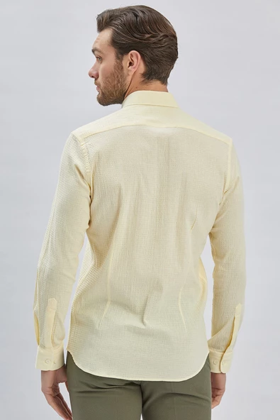 Sarı Uzun Kollu Biritli Yaka Biyeli Pamuklu Likralı Casual Slim Fit Dar Kesim Gömlek 1004240232 - Resim 7