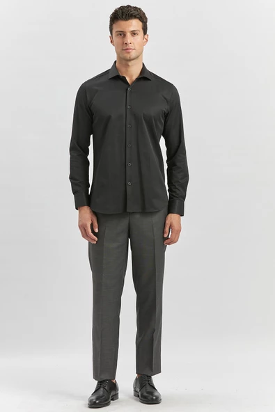 Siyah Uzun Kol Düz Bez Ayağı Yarım İtalyan Yaka Classic Slim Fit Gömlek 1004240268 - Resim 4