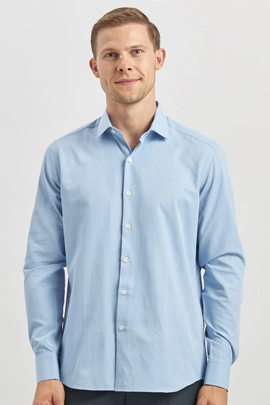 Mavi Uzun Kol Düz Bez Ayağı Yarım İtalyan Yaka Classic Slim Fit Gömlek 1004240268 - Resim 3