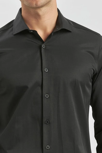 Siyah Uzun Kol Düz Bez Ayağı Yarım İtalyan Yaka Classic Slim Fit Gömlek 1004240268 - Resim 3
