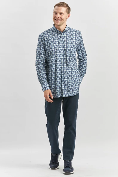 Koyu Lacivert Uzun Kol Kendinden BASKILI Perfectto Classic Comfort Fit Gömlek 1004240251 - Resim 4